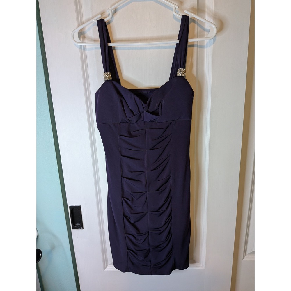 Purple Ruched Bodycon Mini Dress Rhinestone Strap Accents Sweetheart Neckline